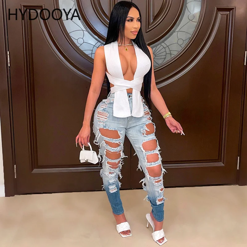 

Women Jeans High Waist Hollow Out Stretch Denim Pants Blue Washed Fashion Hole Fur-lined Pencil Pants High Street Trousers 2021