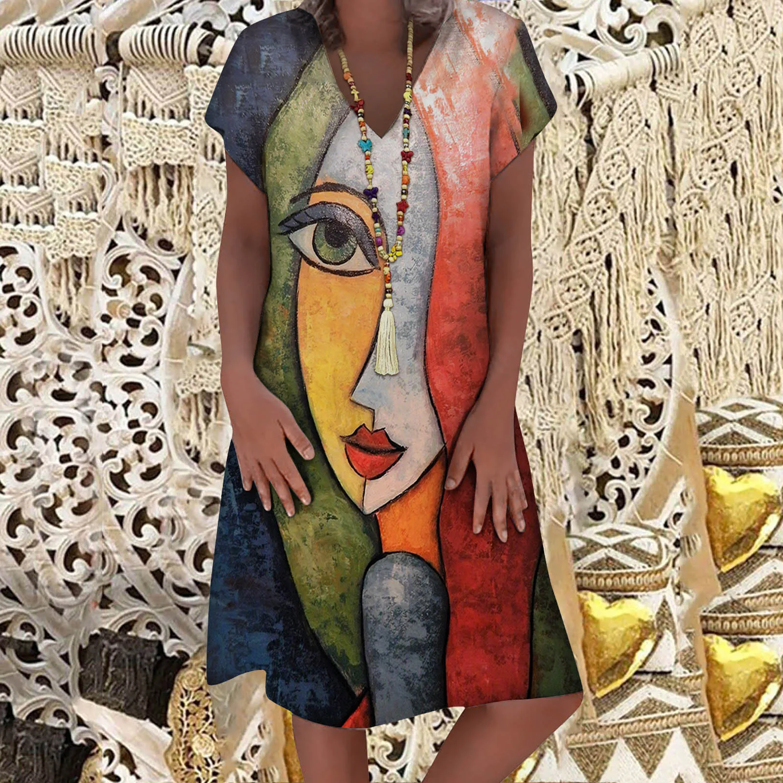 

Women Summer V-neck Abstract Print Dress Short-sleeved Plus Size Long Dresses Casual Vestidos De Mujer Dresses For Women 2021