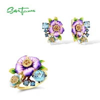 santuzza 925 sterling silver jewelry set for women elegant purple flower gold color shiny blue glass enamel party fine jewelry