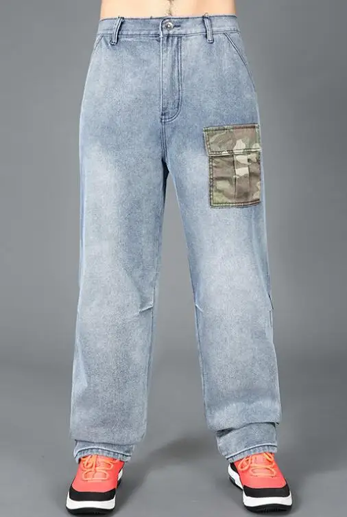 Men Jeans Patch Pocket Hip Hop Harem Jeans Camouflage Patch Denim Pants Loose Baggy Jeans Skateboard  Jeans