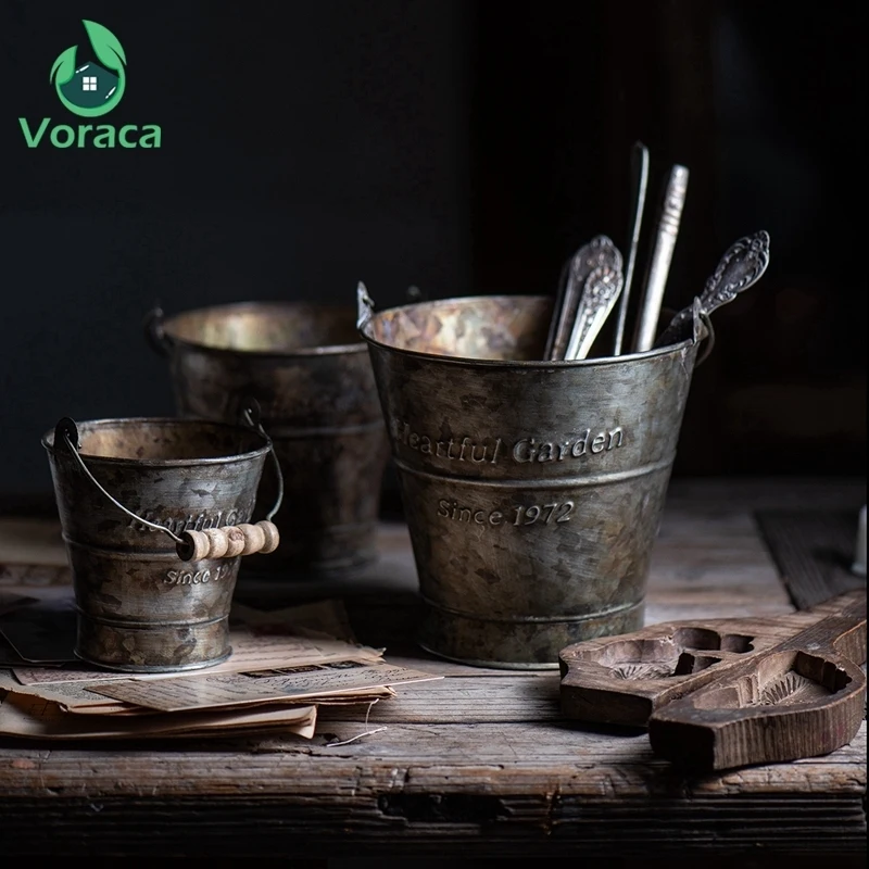 Винтажное ведро с железной ручкой металлическая Ретро английская печать кованая