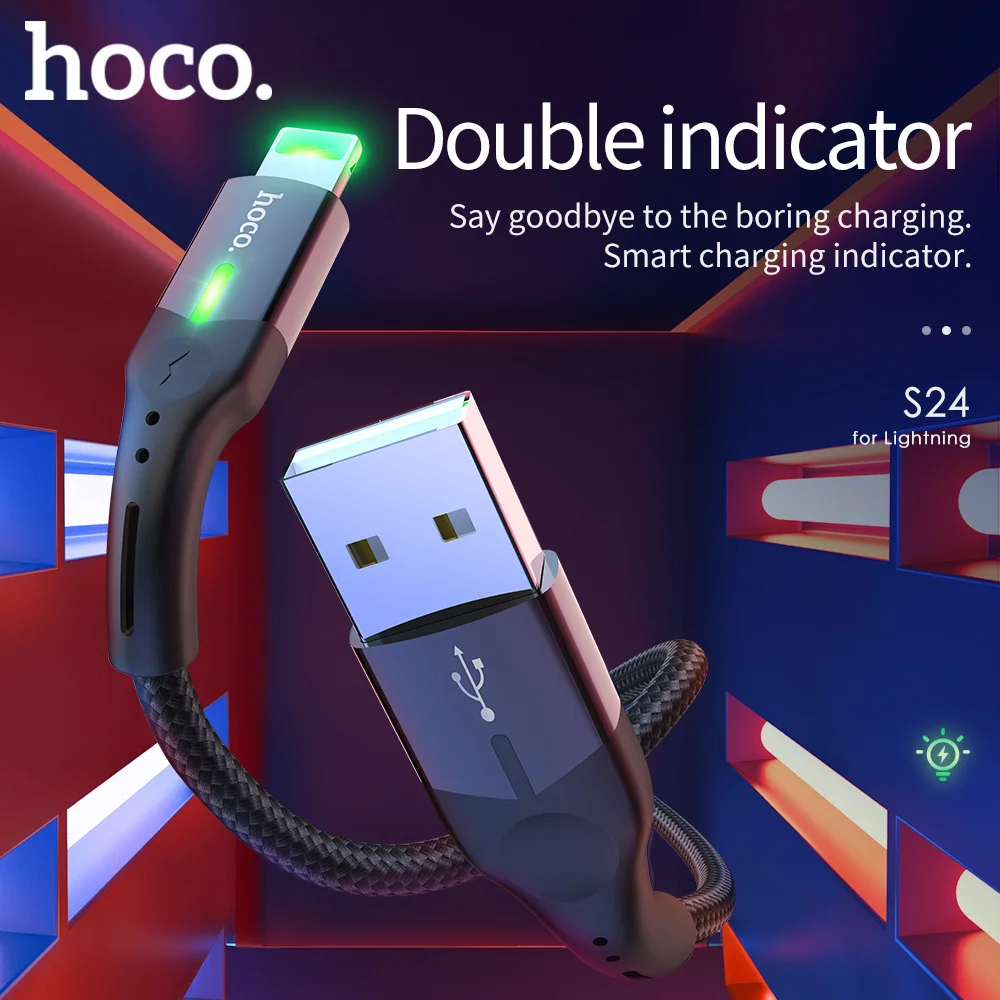 HOCO двойной индикатор светильник для зарядки данных USB кабель для L ightning i Phone 11 Pro X XS XR i Pad 2.4A OTG быстрое зарядное устройство провод Syn