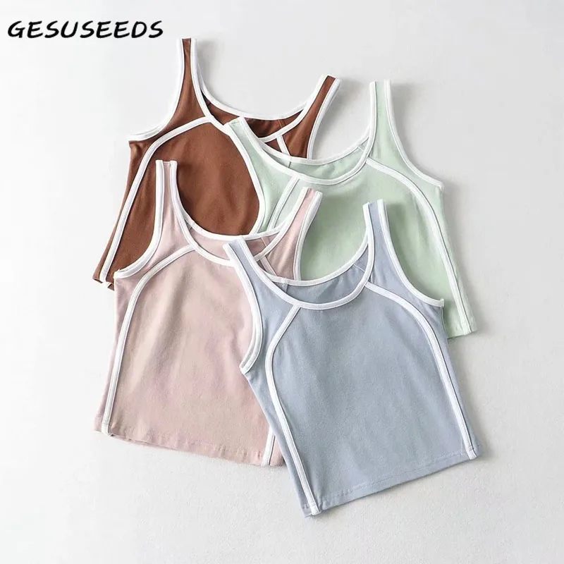 

Casual tank top women korean o neck tops summer sleeveless top corset patchwork tops streetwear female green blue top pink 2021