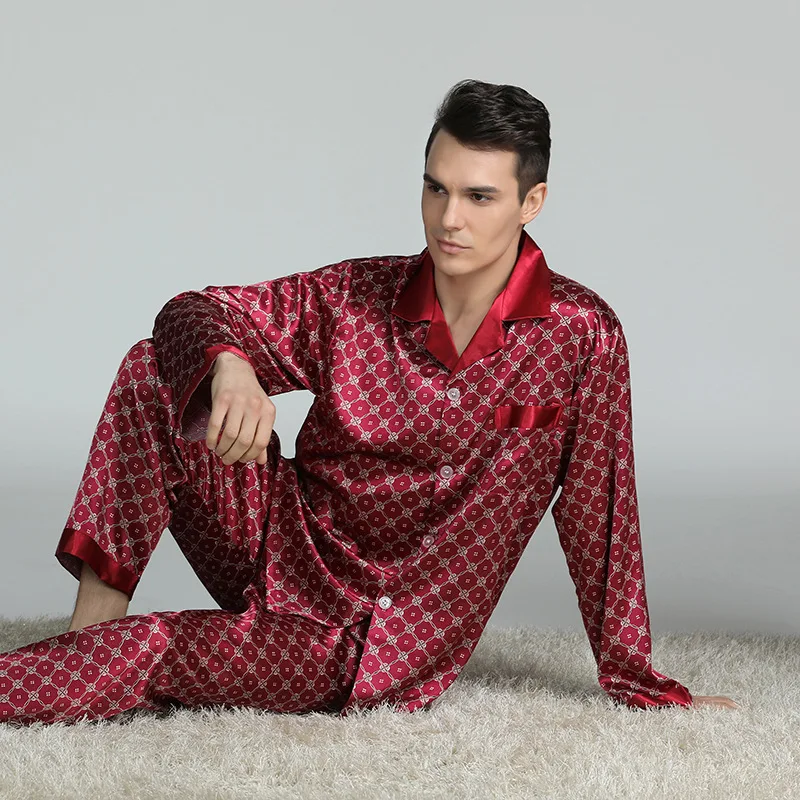 2020 Hot Sale High Quality Mens Silk Satin Pajama Set Luxury Long Sleeve Nightwear Suit Print pajamas Home Service Mens Clothes