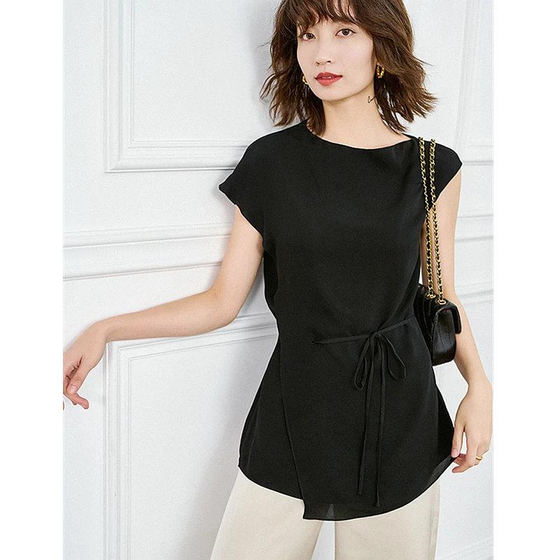 

Топ для женщин Асимметрия Дизайн 100% шелковые ткани высокого качества; С поясом без рукавов 2 вида цветов женские элегантные футболка новые м...