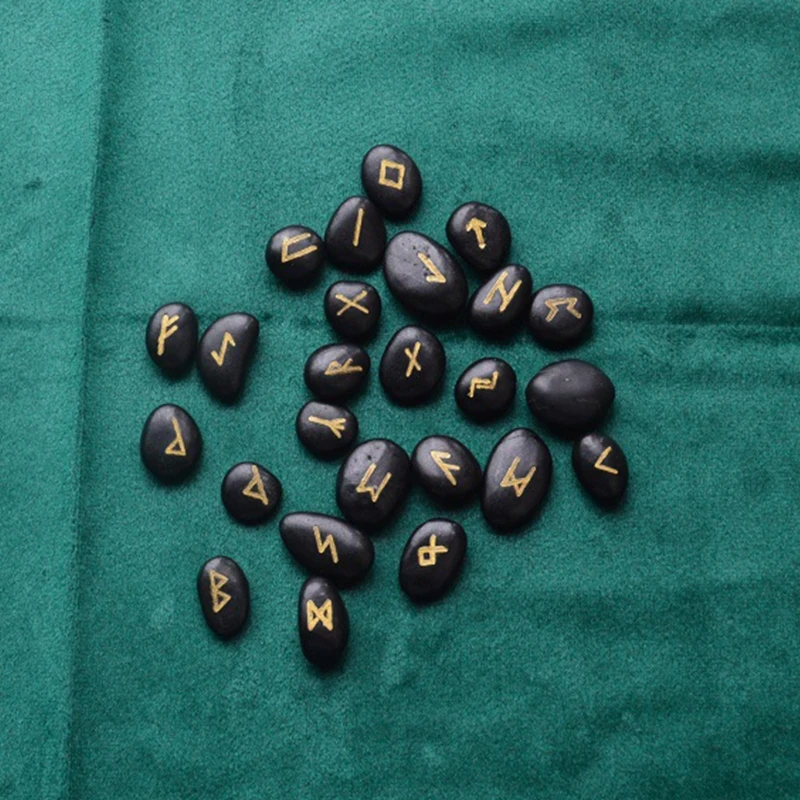 

77HC 25Pcs/Set Black Jade Rune Stones Tumbled Engraved Lettering Crystal Stone Set Wicca Crystals Healing Chakra Reiki