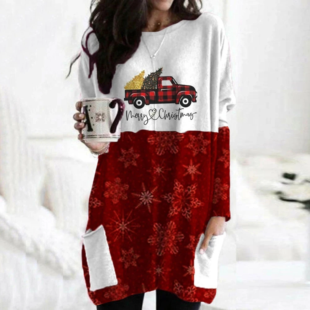 

Christmas O Neck Long Sleeve Knitted Dress Women Loose Sweater Pullover Female Casual Color Stitching Blouse Xmas Party Shirts