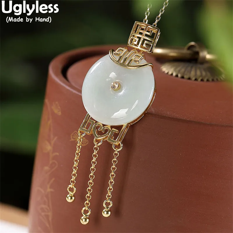 

Uglyless Long Chains Tassel Retro Jewelry Ethnic Peace Button Pendants for Women Natural Emerald Necklaces NO Chains 925 Silver