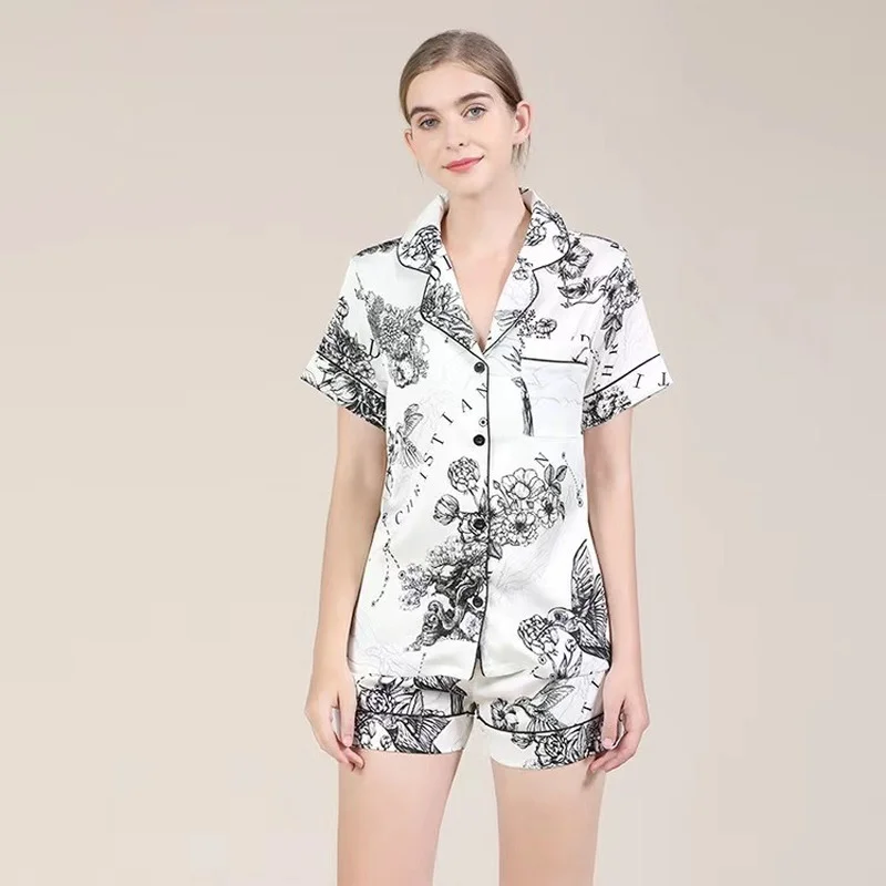 

Summer Ice Silk Short-sleeved Shorts Pajamas for Women Floral Ink Printing Advanced Sense Home Clothing Satin Two Piece Set