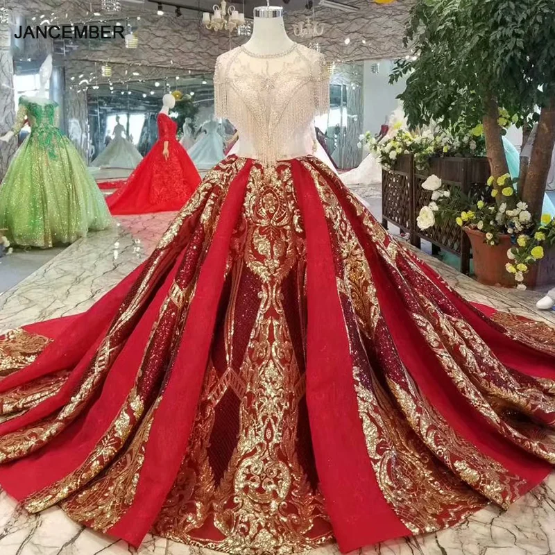 LS11100 Роскошные красные и золотые женские платья с круглым вырезом блестящие