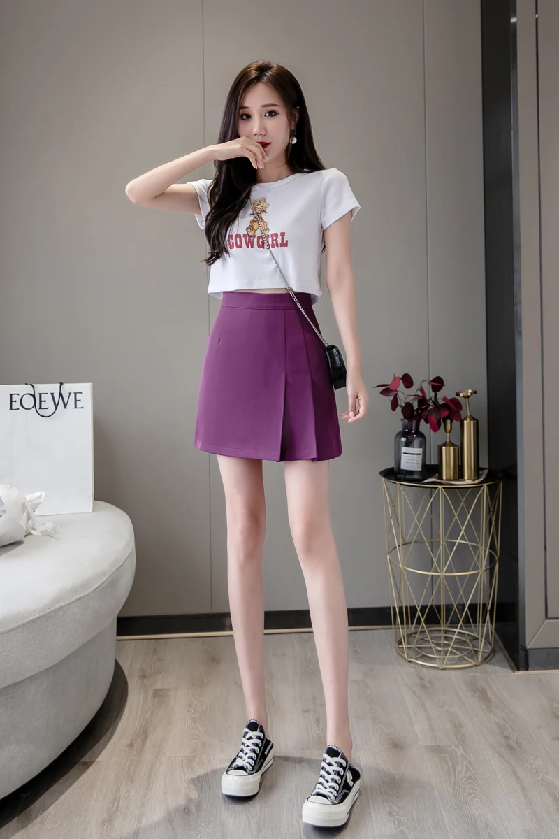 

Summer Women Casual Solid High Waist Shorts A-line Trouser Skirt Pleated Short Skirt Temperament Half Skirt Suit Skirt