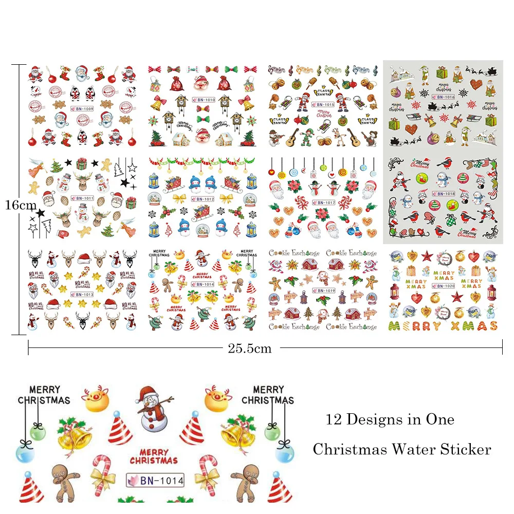 

12 Designs Christmas Nail Sticker Santa Claus Elk Snowman Gift Water Transfer Slider Full Wrap Xmas Cartoon Winter Nail Stickers
