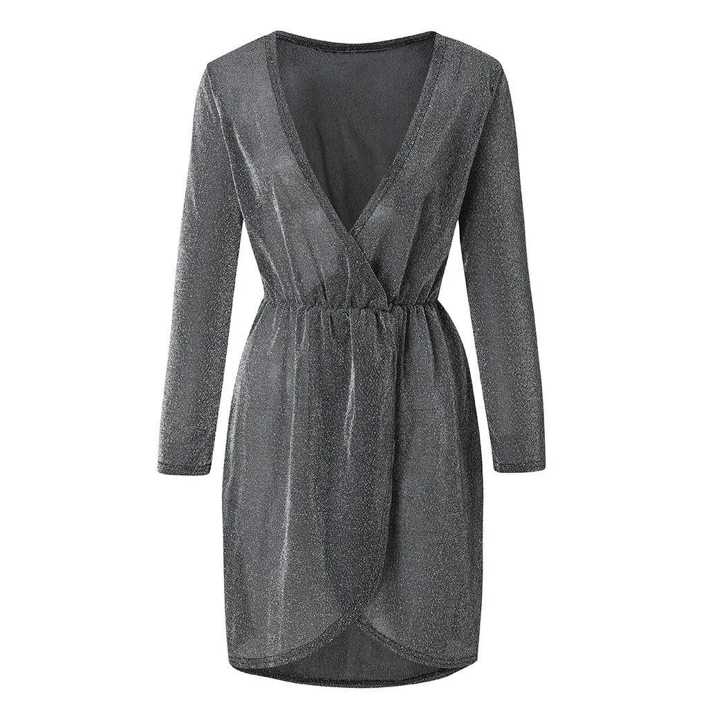 Зимнее сексуальное блестящее платье Дамское мини с v образным вырезом и длинным