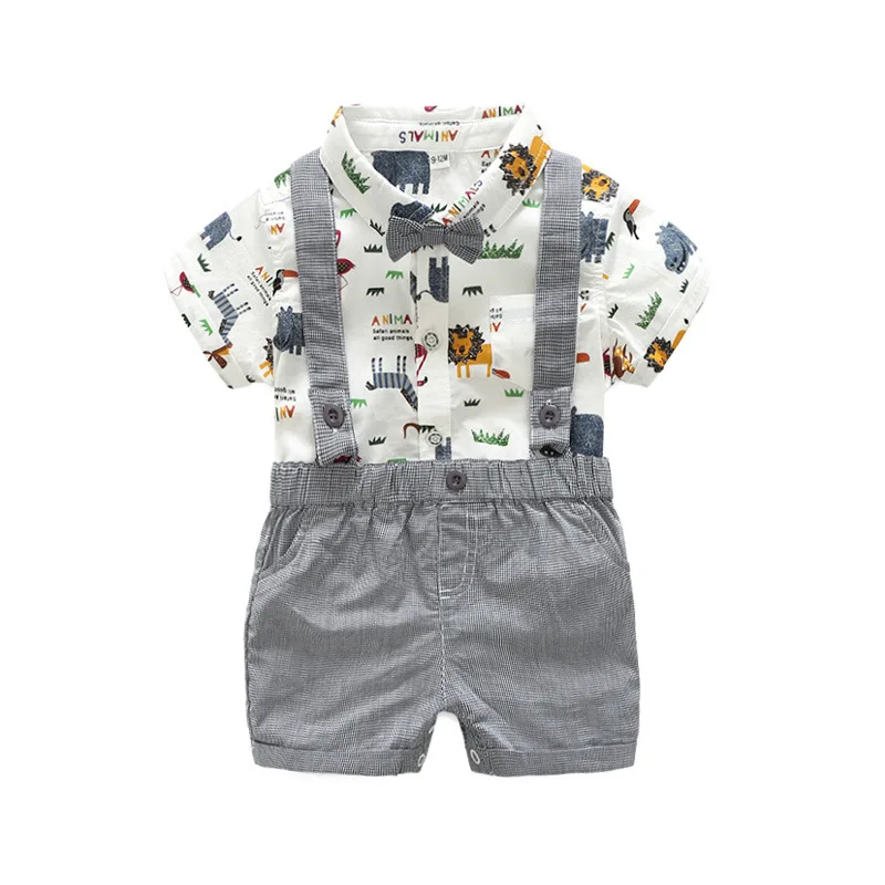 

New Born Clothing Baby Boy Girl Animal Short Sleeve T-Shirt Tops+Grey Plaid Short Pants Outfit Casual Outfit Kids Rompers Sets