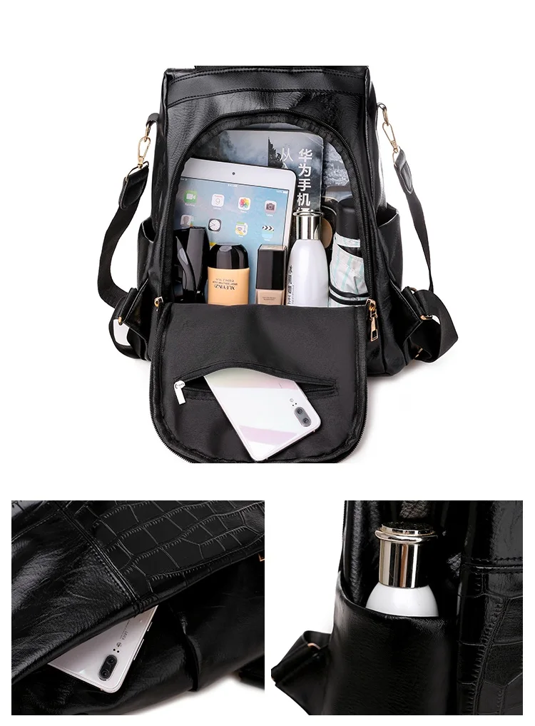 

Female Backpacks PU Leather Women Rucksack Large Capacity School College Bags Anti Theft Travel Backpack Big Shoulder Bags Black
