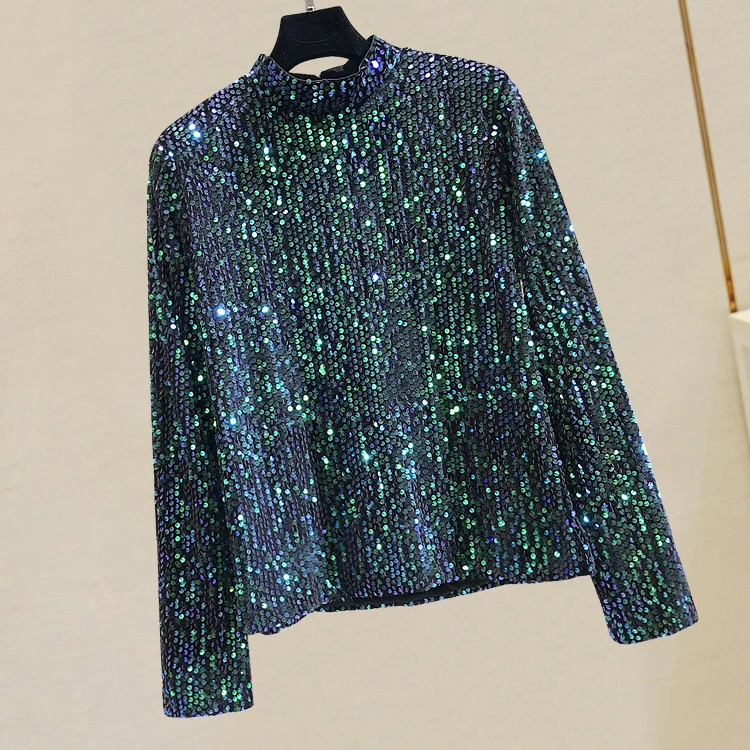 

Женский пуловер с пайетками, Осенний топ с длинными рукавами и высоким воротником, свободная футболка с блестками, 2019