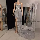 Серебряное женское вечернее платье с открытой спиной, сексуальные африканские черные короткие платья для выпускного вечера 2021 с длинным шлейфом