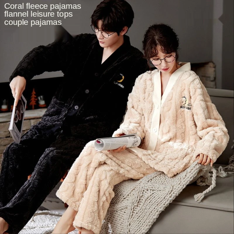 Winter couple lounge sets  pajamas suit coral fleece pajamas thick warm cardigan flannel home service women pajamas