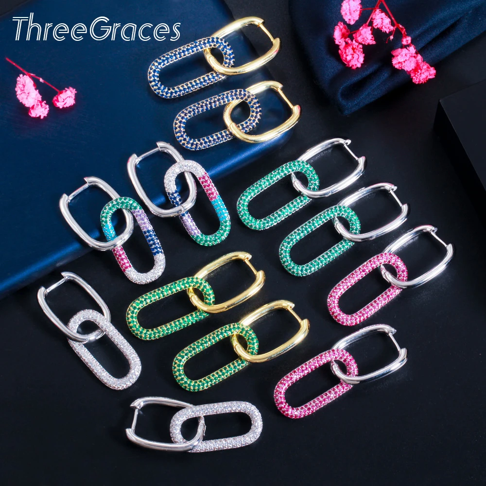 

ThreeGraces Fashion Geometry Shape Colorful CZ Gold Color Double Circles Hoop Earring for Ladies Party Jewelry Accessories ER550