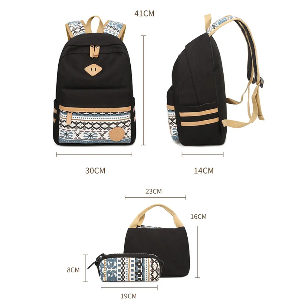 3Pcs Set Canvas Dot Backpack Junior High School Bag Lightweight Teen Girls Laptop Backpacks with Insulated Bag+Pencil Case