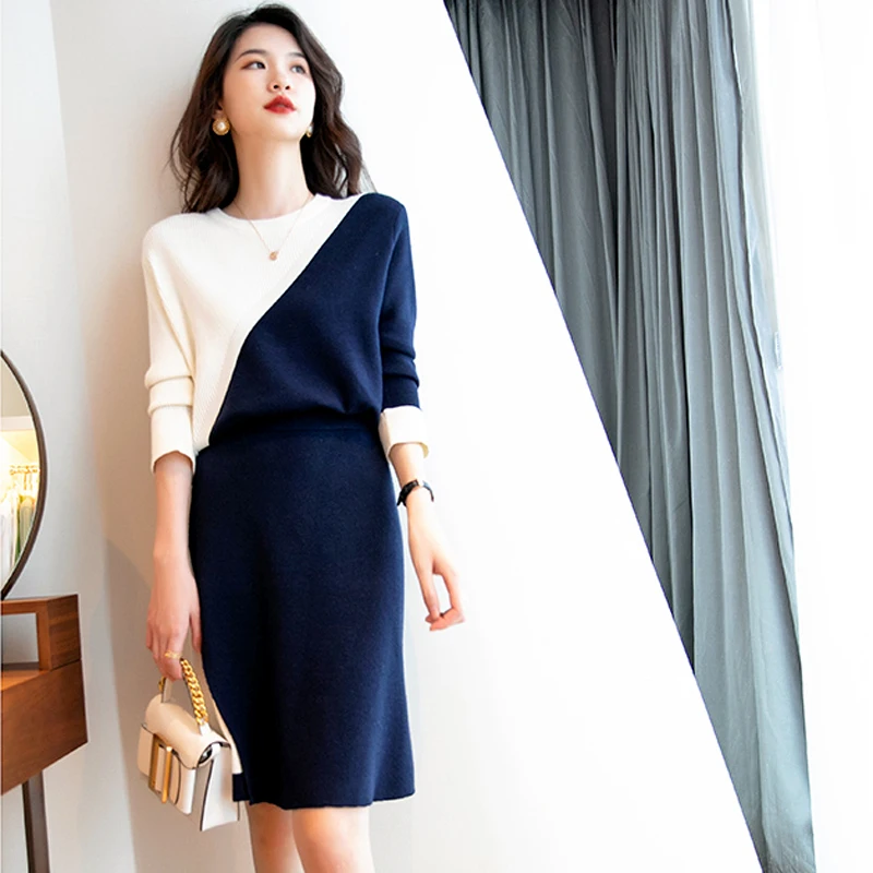 

Elegant New Knitted 2 Piece Sets Womens Outfits Patchwork Pullovers Long Sleeve Sweater Top+ Midi Sprit Skirt Office Lady Suits