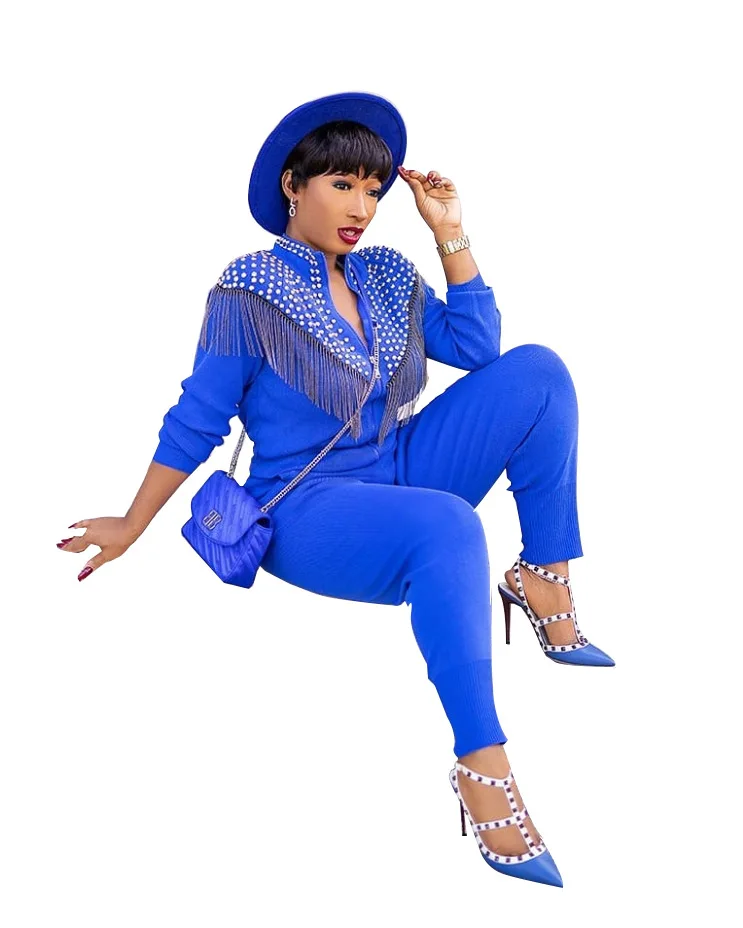 

FNOCE 2020 winter new women's sets fashion casual street tassel Rivet solid long sleeve zipper tops tight pants 2-pc suits
