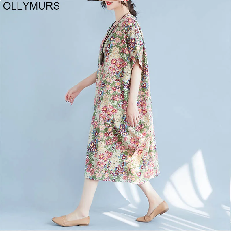 2019 Summer Fashion Loose Dress 4XL 5XL 6XL 7XL Plus Size Cotton Linen Women Art Printed Short Sleeve Floral Maxi | Женская одежда