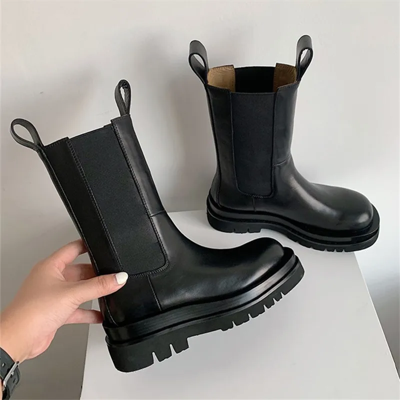 2019 черные зимние женские ботильоны из натуральной кожи ботинки Челси на толстой