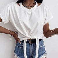 2021 new summer short sleeve t shirt womens clothing lace fashion personality round neck waist bandage pure color short top