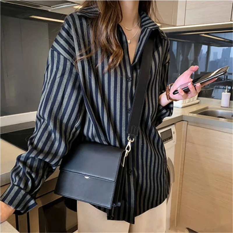 

Laziness Wind Shirt Female 2020 Spring New Style Casual Versatile Students Long Sleeve BF Style Stripes Large Size Shirt Female