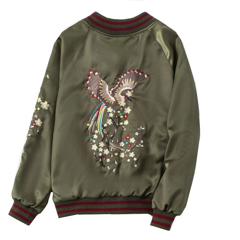 Бейсбольная куртка с вышивкой Феникс обеих сторон Короткая атласная на молнии