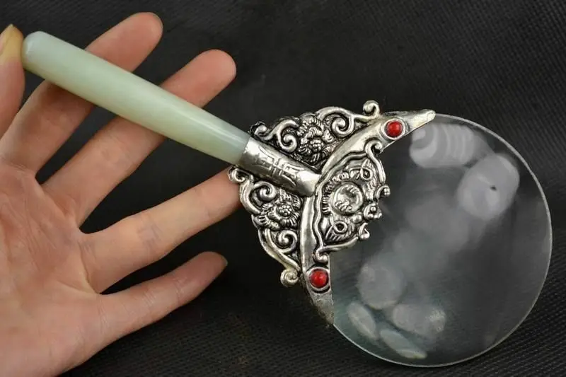

Old Decorated Handwork Jade Armoured Miao Silver Flower Usable Magnifying Glass