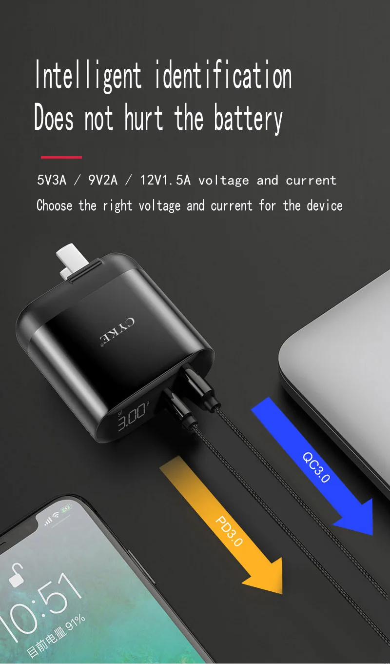 CYKE двойной USB интерфейс QC3.0 Быстрая зарядка PD18W Быстрая зарядка складное Цифровое зарядное устройство портативное универсальное зарядное устройство