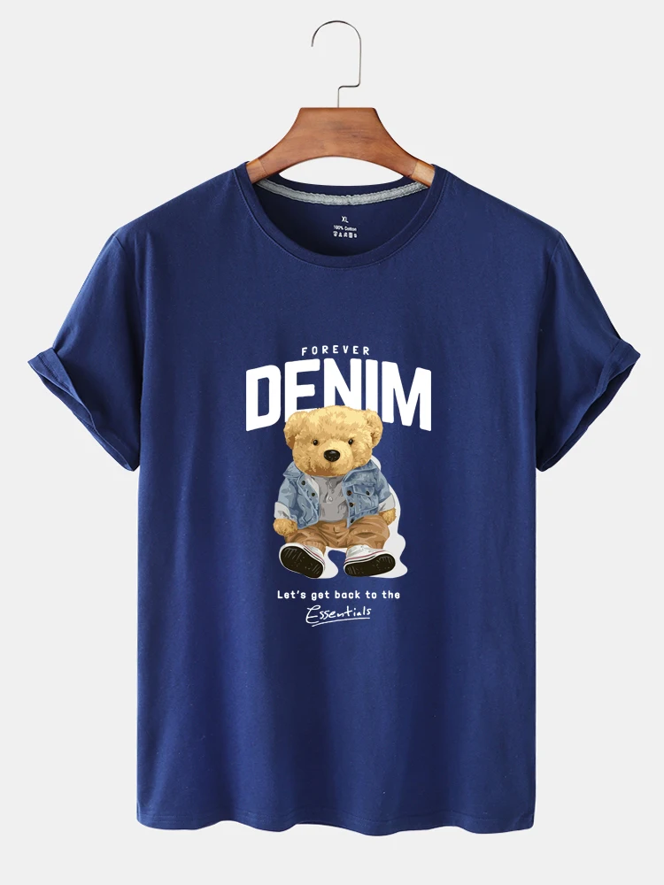 

100% Cotton Cute Denim Bear Print Short-sleeved T-shirt Women Summer Casual Short-sleeved Unisex Oversized T-shirt Ladies Shirt