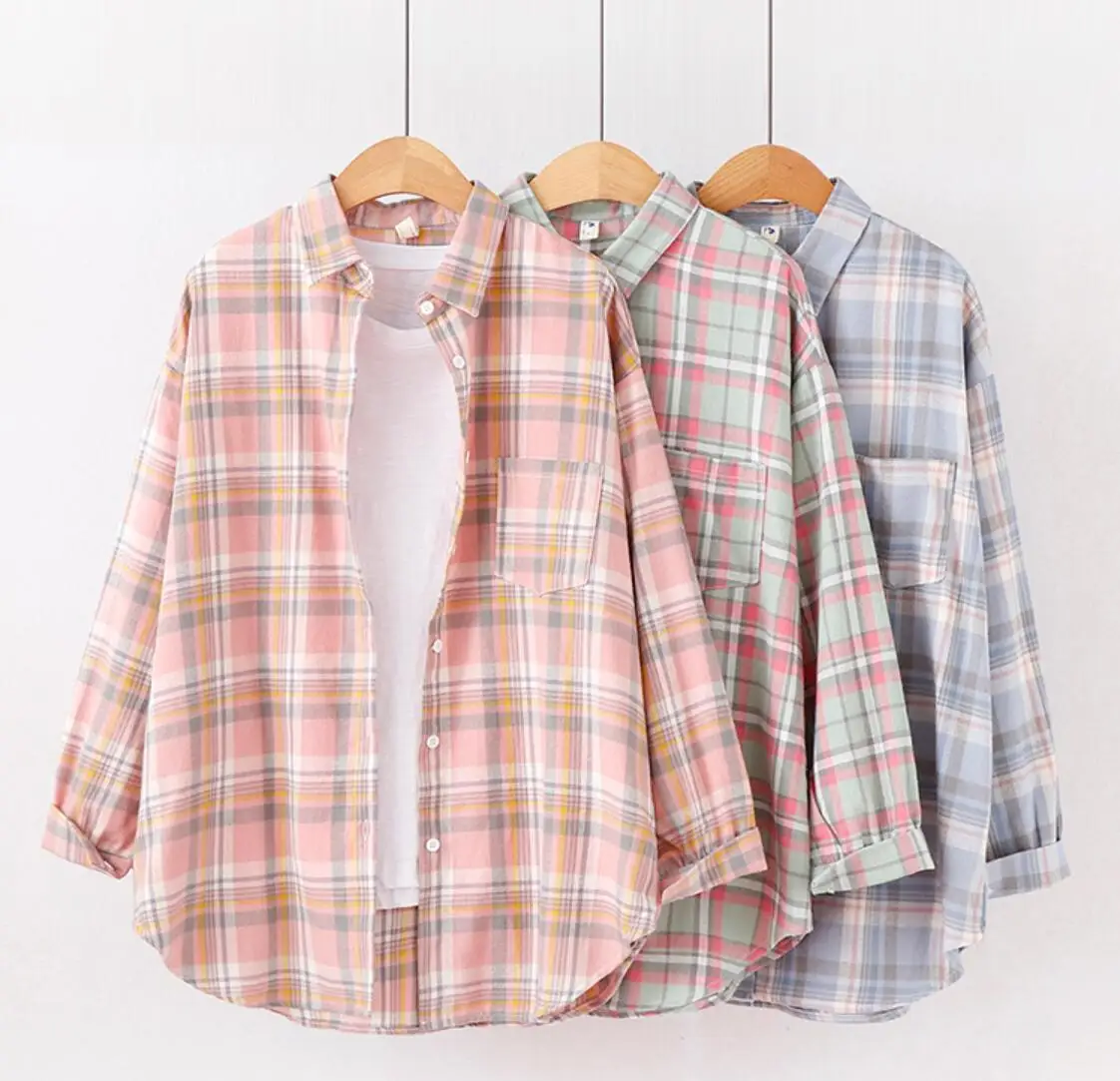 

2021 Fashion Women Plaid Shirt Chic Checked Blouse Long Sleeve Female Casual Print Shirts Loose Cotton Tops Blusas Spring New