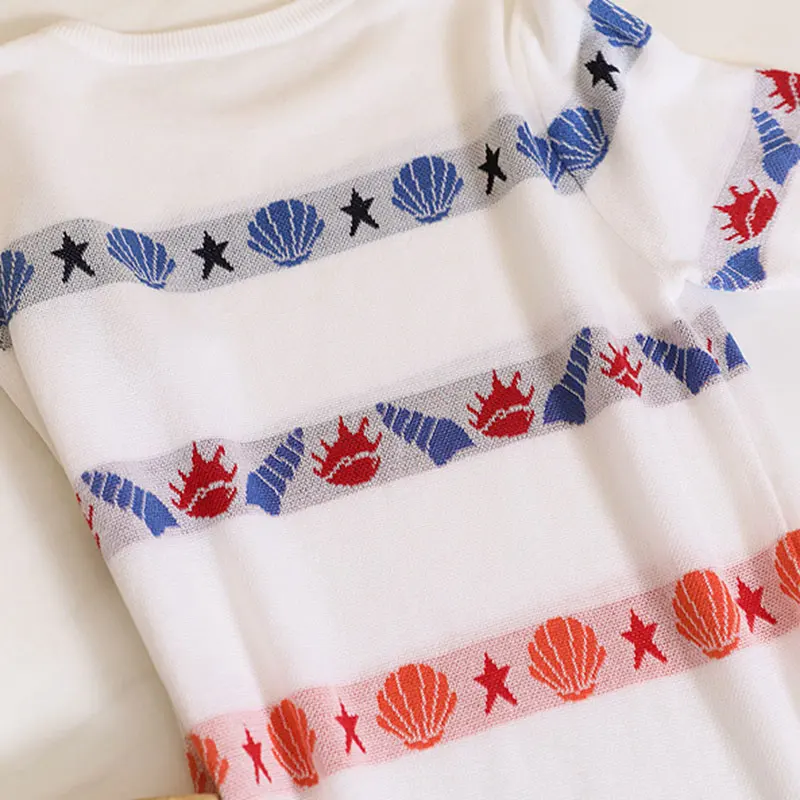 

Small fragrance summer sweet ocean print pattern ice silk knitted dress women loose straight dress