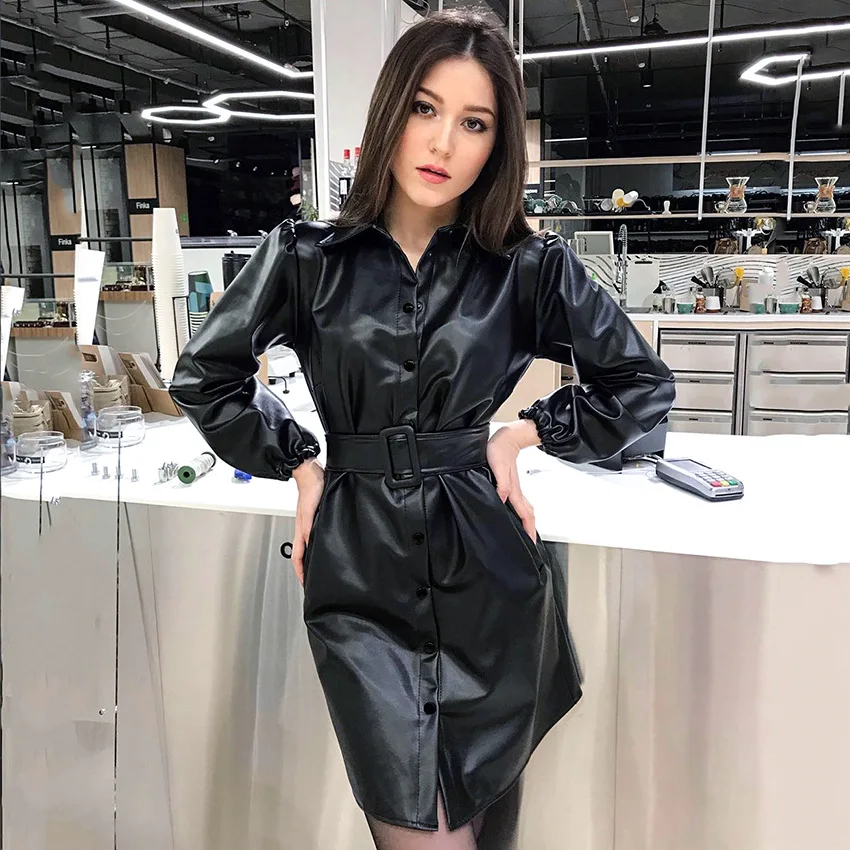 

Women Leather Dress with Belt Long Sleeves 2021 Spring Turn Down Collar Solid Black Fashion Streetwear Moto Female Mini Dresses