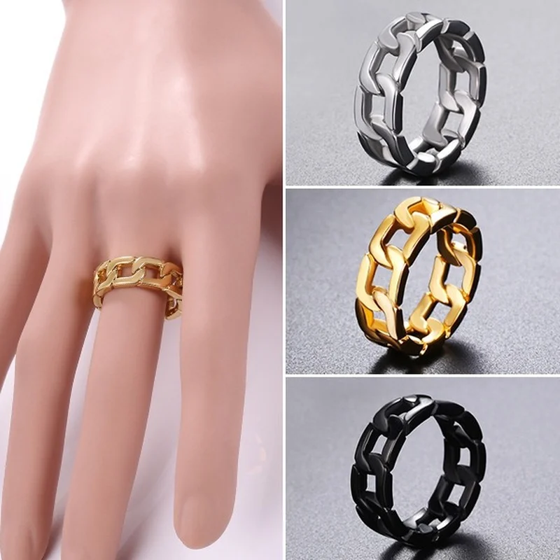 

Trendy Chain Opening Ring Stainless Steel Jewelry Statement Gold Metal Texture High Quality Finger Ring Anillos Mujer New