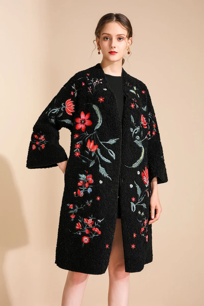 Winter Women's Runway Coat O Neck Long Sleeves Embroidery Lambwool Fashion Designer Coats Outerwear | Женская одежда