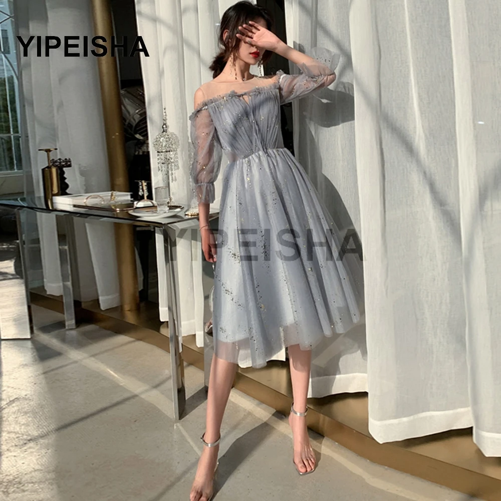 

2021 New Glittery Scoop Neck Prom Party Gown Tulle Tea-Length Long Sleeve Evening Dresses robe de soire de mariage