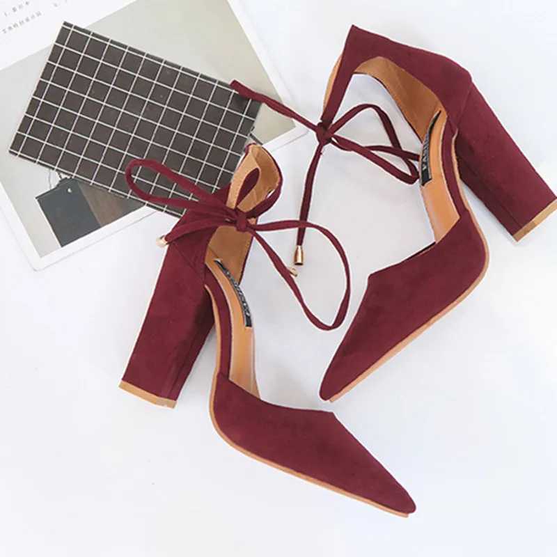 

High Heels Women's Sandals Spring Autumn Flock Shoes Woman Ladies Pumps Sexy Thin Air Heels Footwear Women Shoes Lace Up