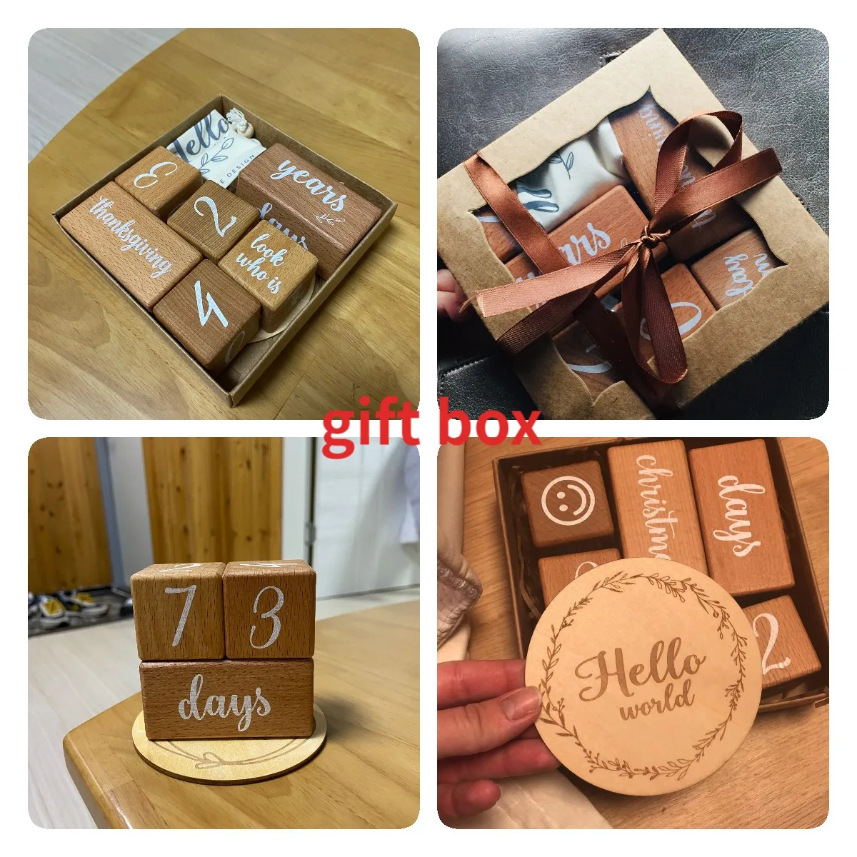 Juego de bloques de haya cuadrados grabados para acontecimiento, tarjeta para 12 meses de beb&eacute;, reci&eacute;n nacido, cumplea&ntilde;os, con accesorios de fotograf&iacute;a, set de 6 uds.-5
