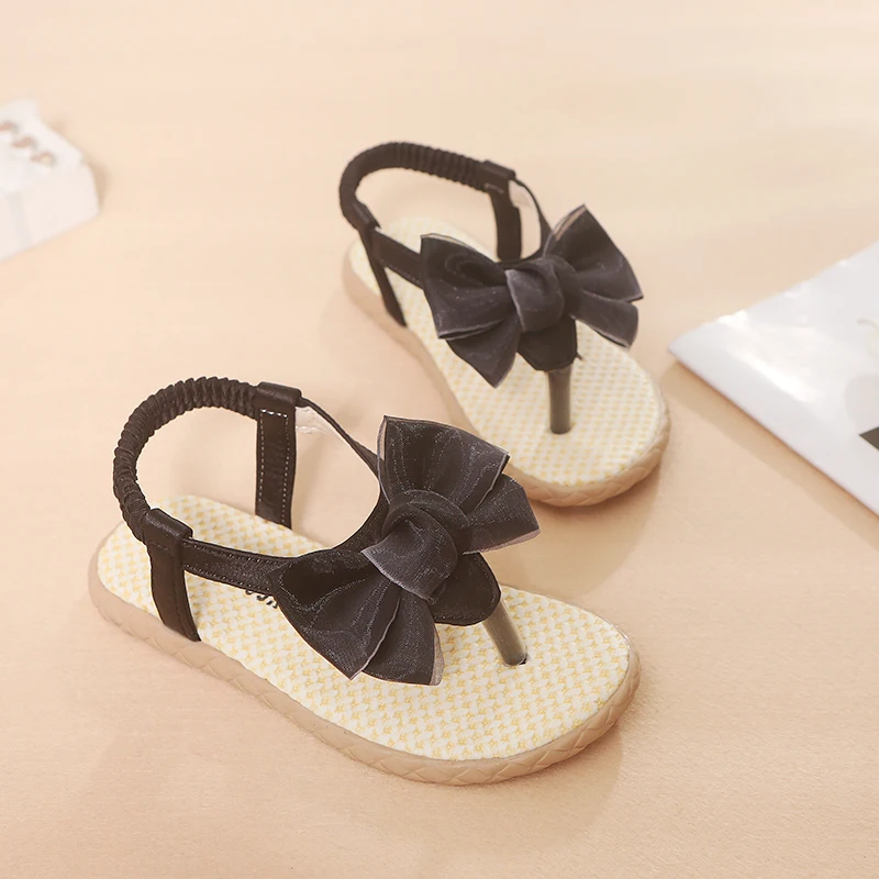 Детская обувь сандалии для девочек плоские пляжная с бантиком тапочки мягкой