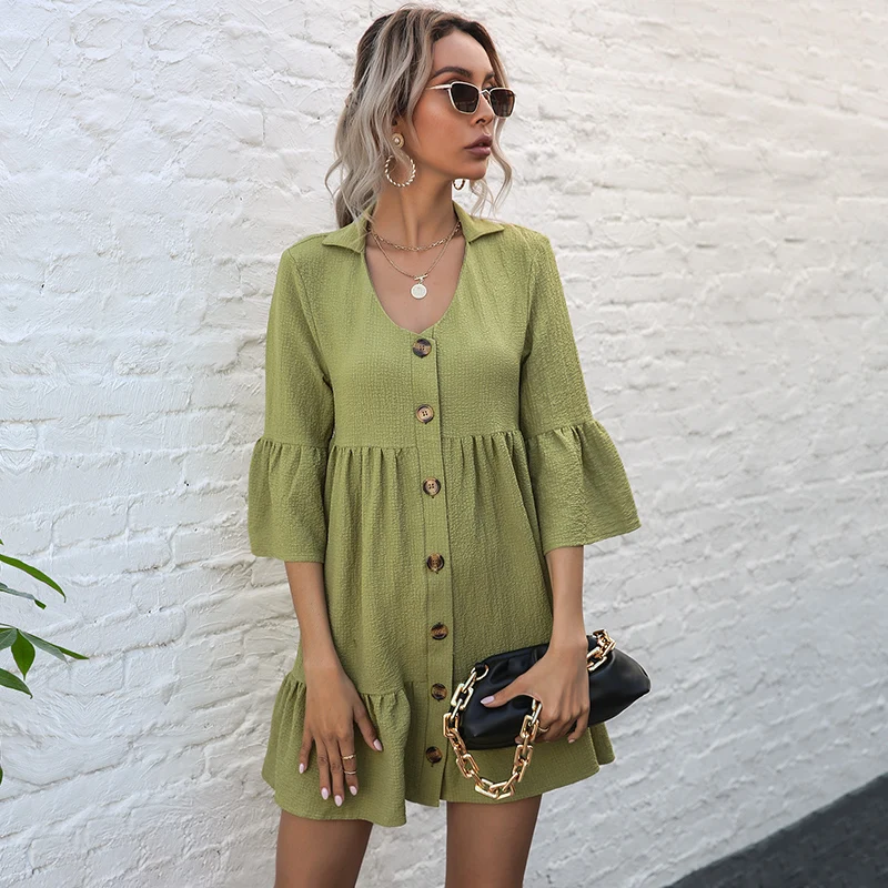 

Женское однотонное Плиссированное Платье-рубашка с отложным воротником и рукавом средней длины, Новинка лета 2021