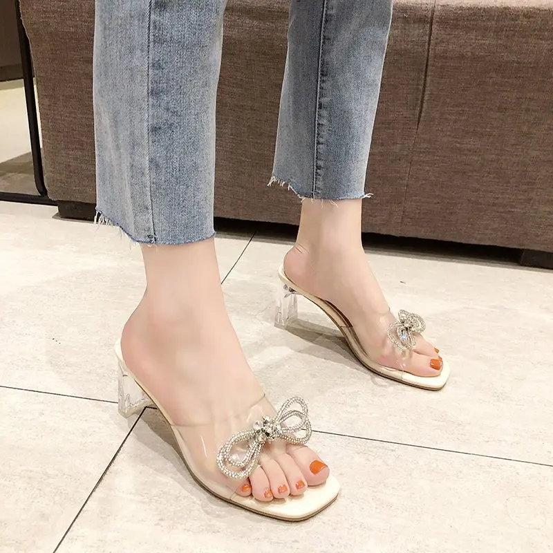

Transparent Summer Women's Slippers Fashion Simple Vamp Rhinestone Bow Decoration Trend Sweet Women's Slippers with Heel