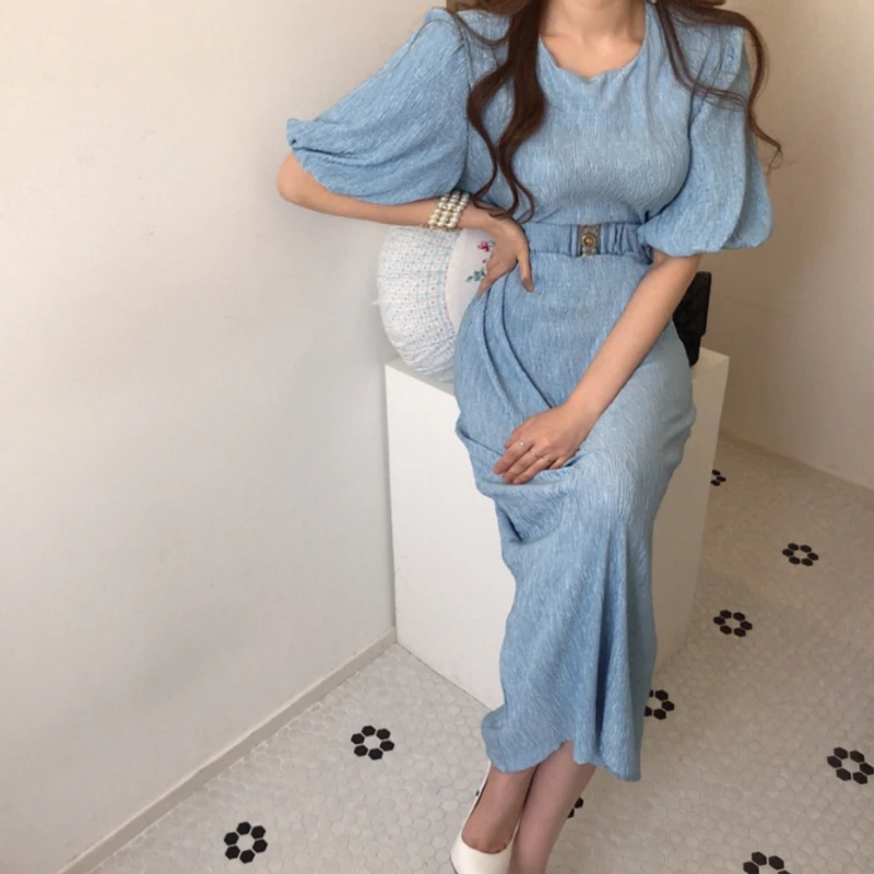 Women Summer Office Lady Solid Dress Puff Sleeve Midi Slim Elegant Female | Женская одежда