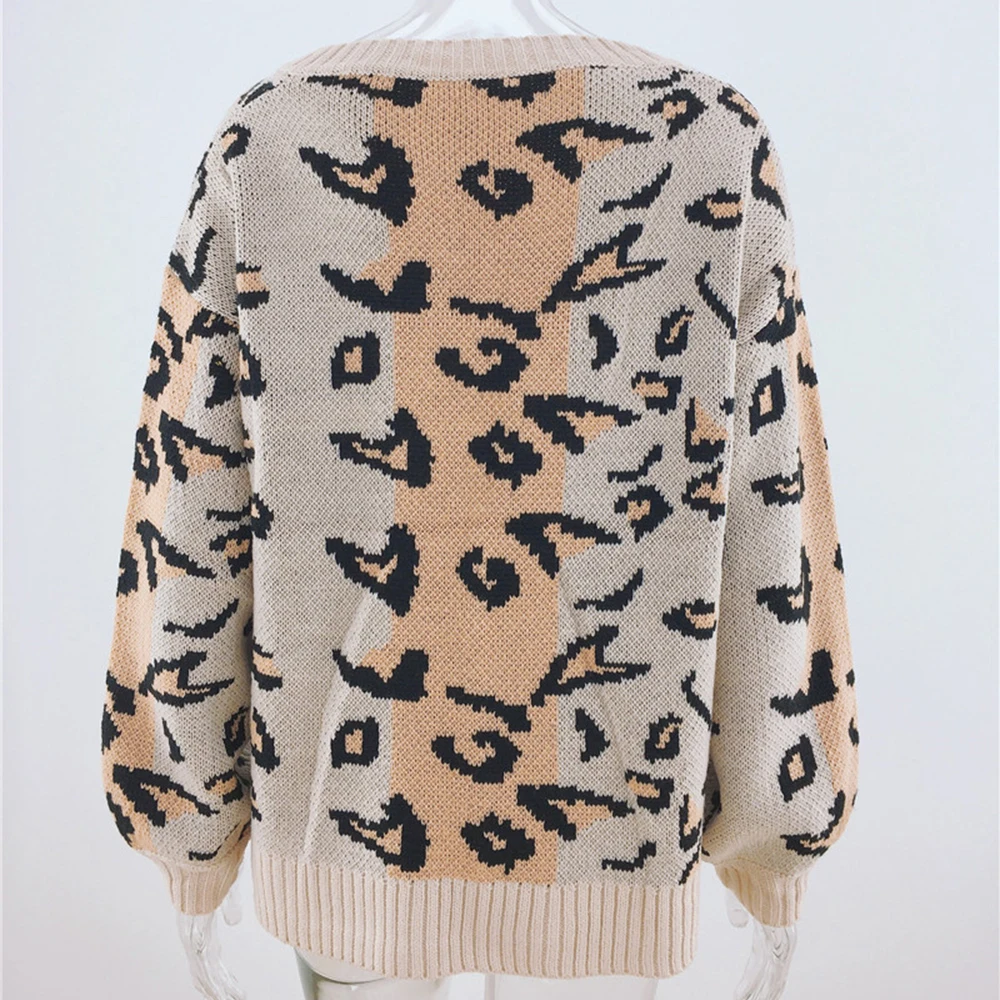 

Fashion Leopard Sweater Women V-neck Long Sleeve Knitted Pullover Sweaters Autumn Winter Oversized Loose Jumpers Pull Femme