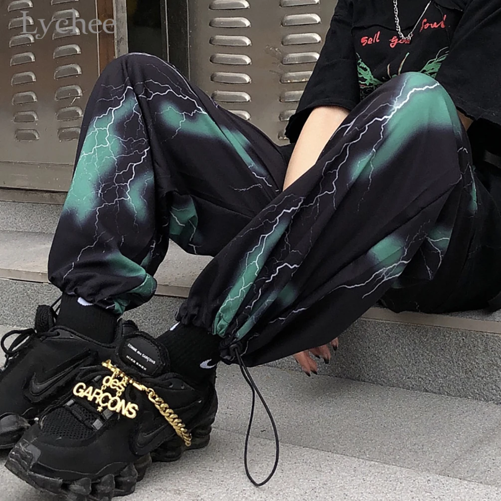

Lychee Harajuku Lightning Print Women Bottom Pants High Waist Spring Lady Long Pants Loose Wide Leg Ladies Trousers