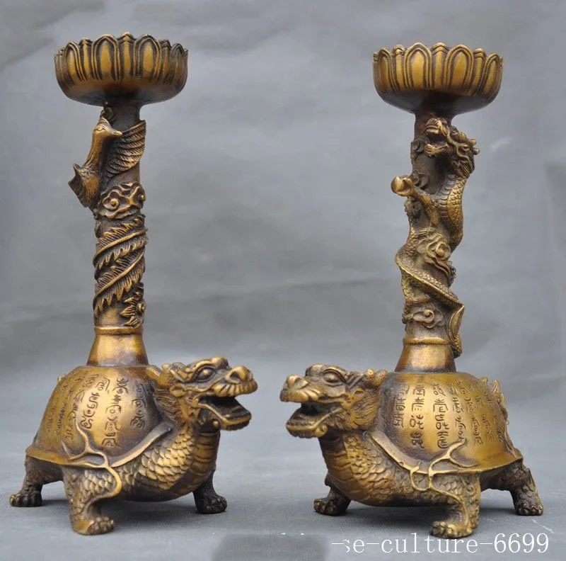 

christmas 8"China Bronze Dragon turtle Dragon phoenix lotus Candle Candlestick Holder Pair halloween