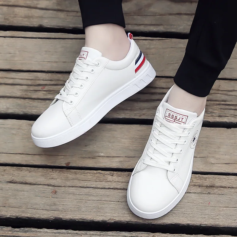 

2020 New Casual Shoes Men Leather Flat Shoes Lace-up Low Top Sneakers White Shoes